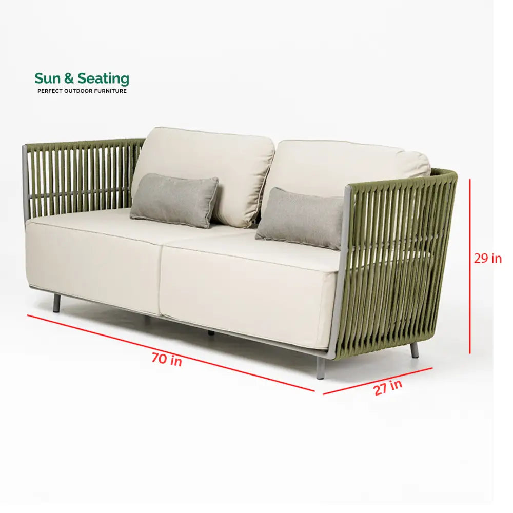 Klara Outdoor Garden Balcony Sofa Set 3 Seater,2 seater and Single Seater With 1 Table Set Braid &amp; Rope (Green + Beige)