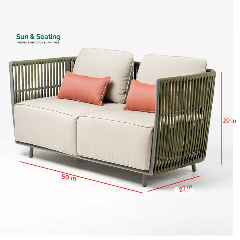 Klara Outdoor Garden Balcony Sofa Set 3 Seater,2 seater and Single Seater With 1 Table Set Braid &amp; Rope (Green + Beige)