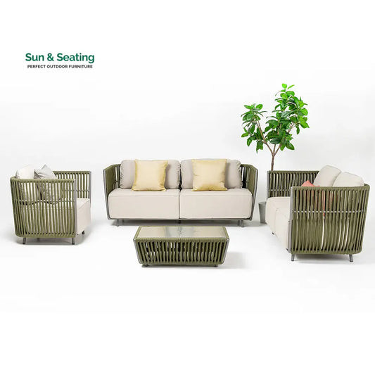 Klara Outdoor Garden Balcony Sofa Set 3 Seater,2 seater and Single Seater With 1 Table Set Braid & Rope (Green + Beige)