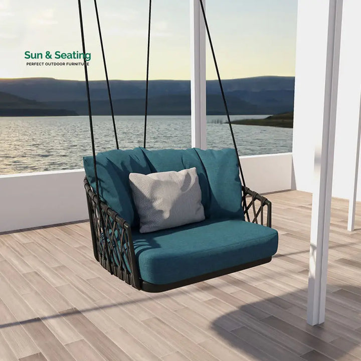 Klio Single Seater Hanging Swing Without Stand For Balcony Garden Swing (Black + Ocean) Braided &amp; Rope Swings