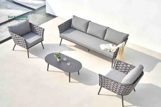 Klorix Outdoor Garden Balcony Sofa Set 3 Seater 2 Single seater and 1 Center Table Set Braid & Rope (Grey) Sofa Sets