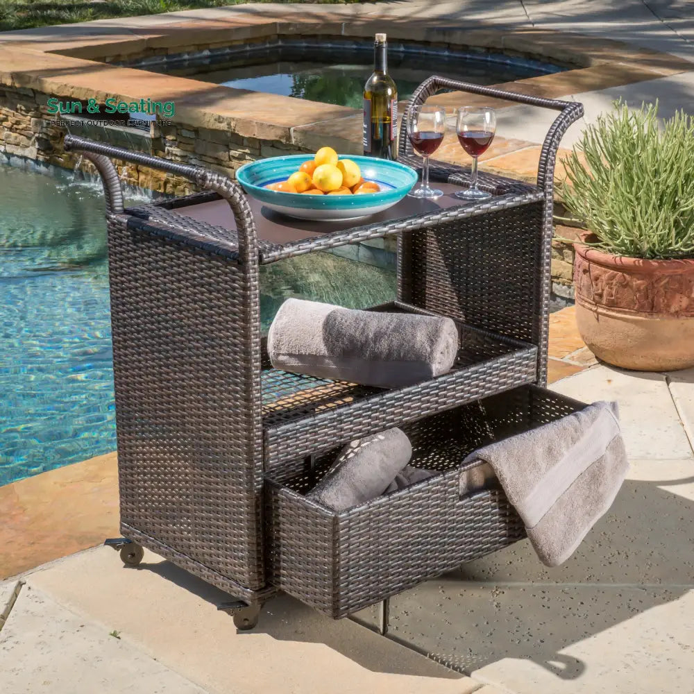 KNOX Outdoor Patio Bar Serving Cart (Dark Brown) Wicker