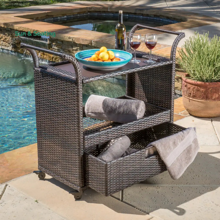 KNOX Outdoor Patio Bar Serving Cart (Dark Brown) Wicker
