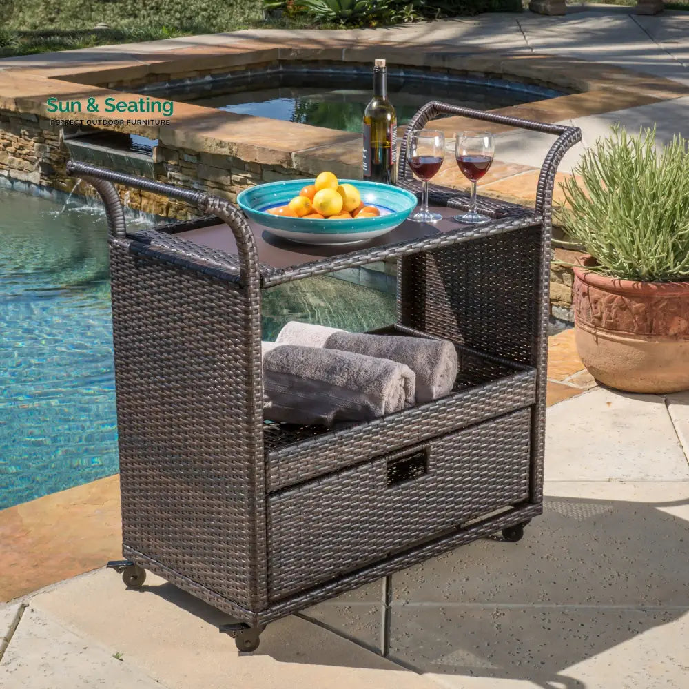 KNOX Outdoor Patio Bar Serving Cart (Dark Brown) Wicker