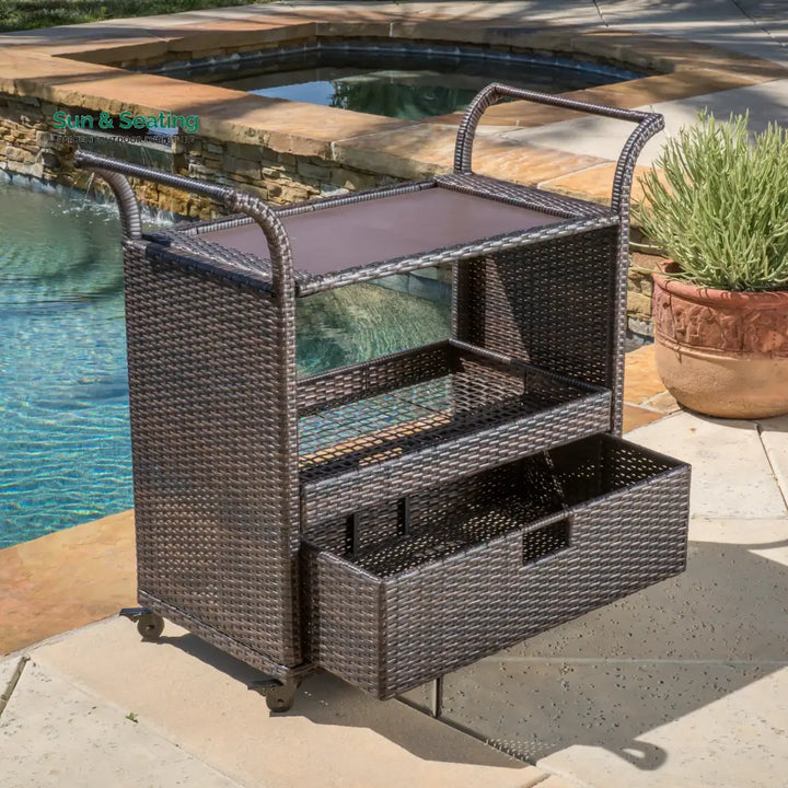 KNOX Outdoor Patio Bar Serving Cart (Dark Brown) Wicker