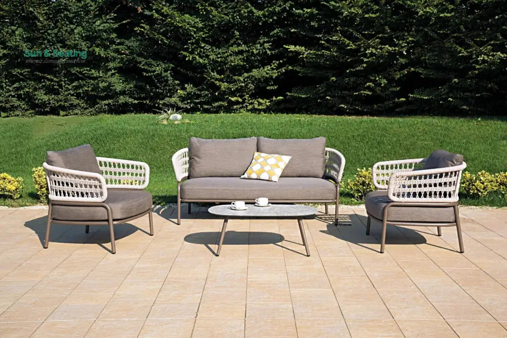 Kodjo Outdoor Garden Balcony Sofa Set 2 Seater 2 Single Seater 1 Center Table Set Braid & Rope (Taupe + Beige) Sofa Sets