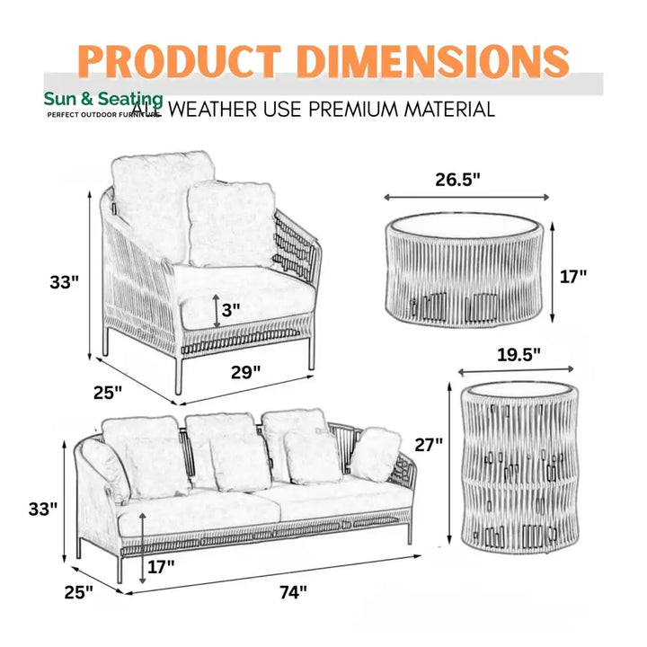 Krisha Outdoor 5 Seater Rope Patio Sofa Set with Center Table and Side Table Sofa Set