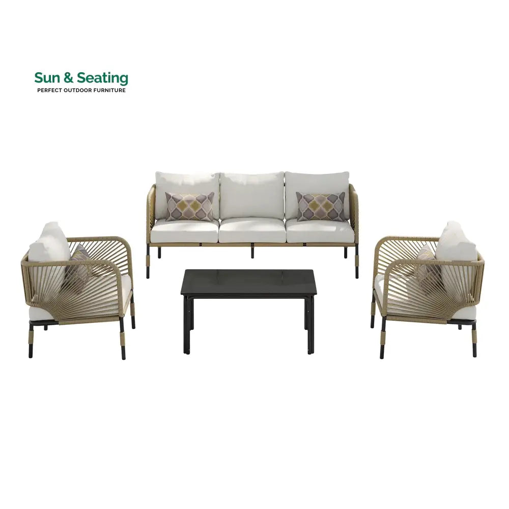 Kylie Outdoor Sofa Set 3 Seater 2 Single seater and 1 Center Table Braided & Rope(Tan) Sofa Sets