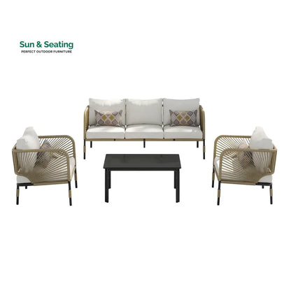 Kylie Outdoor Sofa Set 3 Seater 2 Single seater and 1 Center Table Braided & Rope(Tan) Sofa Sets