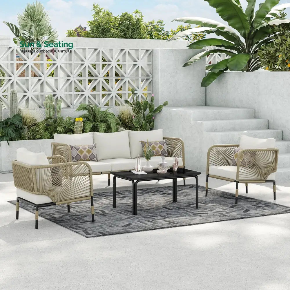 Kylie Outdoor Sofa Set 3 Seater 2 Single seater and 1 Center Table Braided & Rope(Tan) Sofa Sets