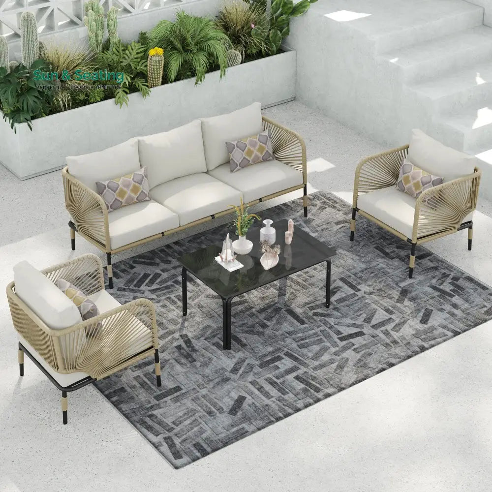 Kylie Outdoor Sofa Set 3 Seater 2 Single seater and 1 Center Table Braided & Rope(Tan) Sofa Sets