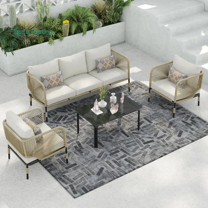 Kylie Outdoor Sofa Set 3 Seater 2 Single seater and 1 Center Table Braided & Rope(Tan) Sofa Sets