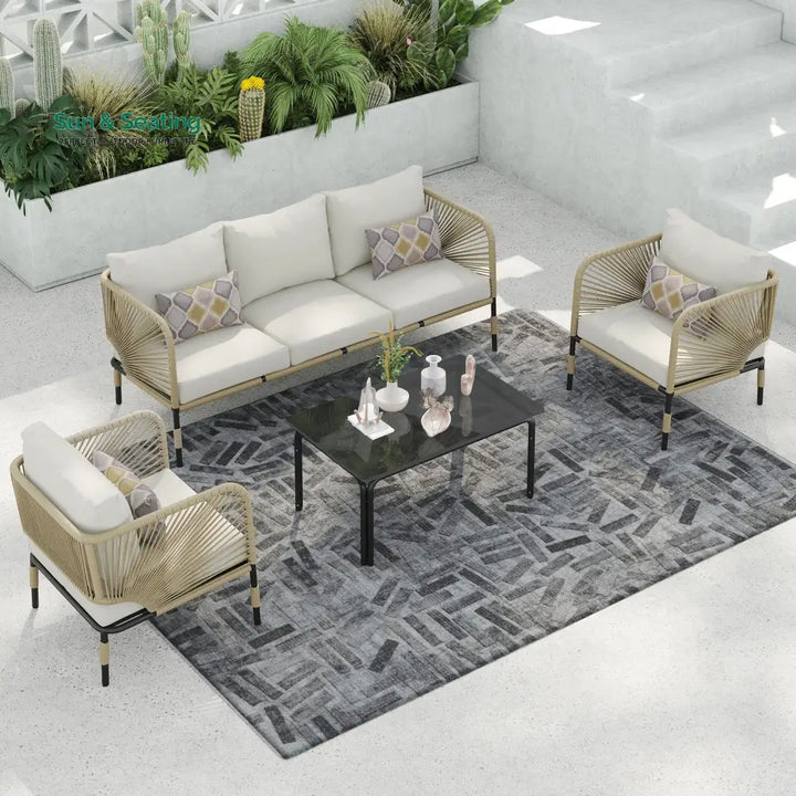 Kylie Outdoor Sofa Set 3 Seater 2 Single seater and 1 Center Table Braided &amp; Rope(Tan) Sofa Sets