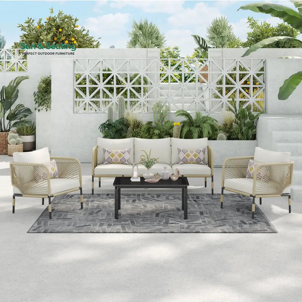 Kylie Outdoor Sofa Set 3 Seater 2 Single seater and 1 Center Table Braided & Rope(Tan) Sofa Sets