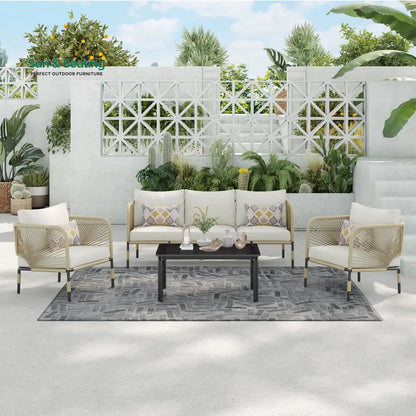 Kylie Outdoor Sofa Set 3 Seater 2 Single seater and 1 Center Table Braided & Rope(Tan) Sofa Sets