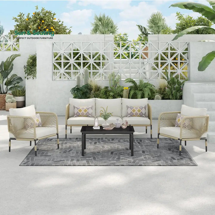 Kylie Outdoor Sofa Set 3 Seater 2 Single seater and 1 Center Table Braided &amp; Rope(Tan) Sofa Sets