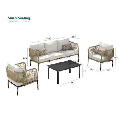 Kylie Outdoor Sofa Set 3 Seater 2 Single seater and 1 Center Table Braided & Rope(Tan) Sofa Sets