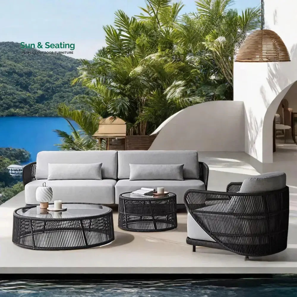 Laken Outdoor Rope 4 Seater Sofa Set With Glass Top Tables Sofa Set