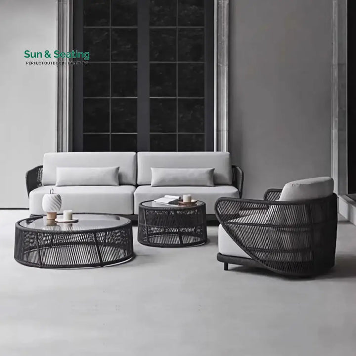 Laken Outdoor Rope 4 Seater Sofa Set With Glass Top Tables Sofa Set