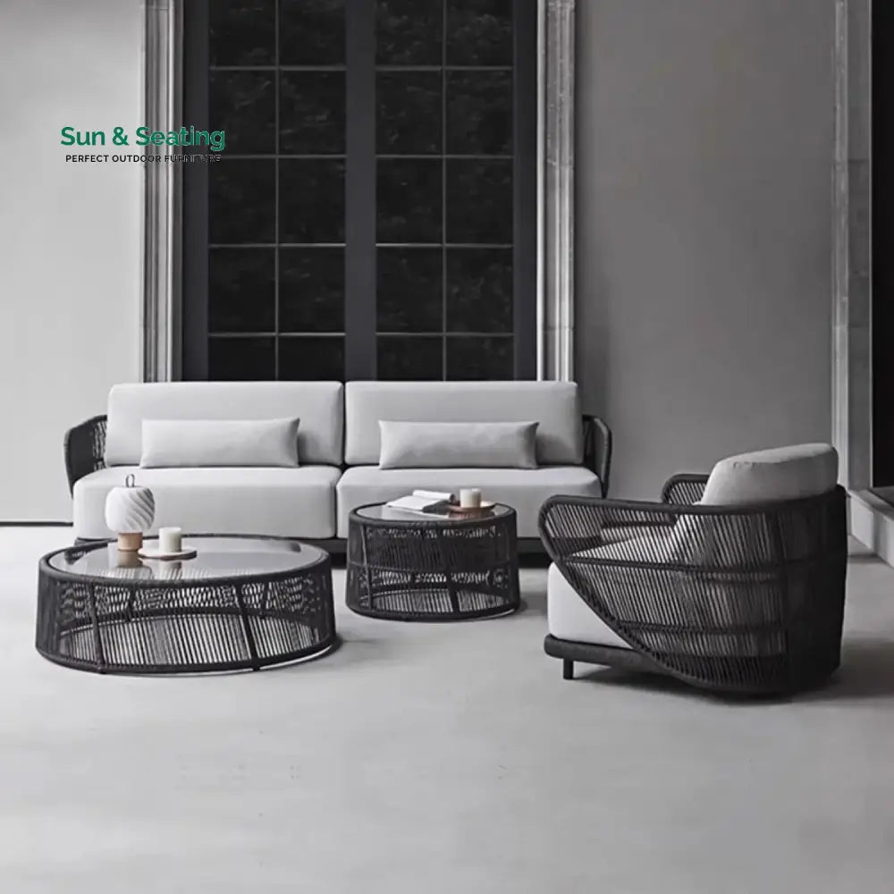 Laken Outdoor Rope 4 Seater Sofa Set With Glass Top Tables Sofa Set
