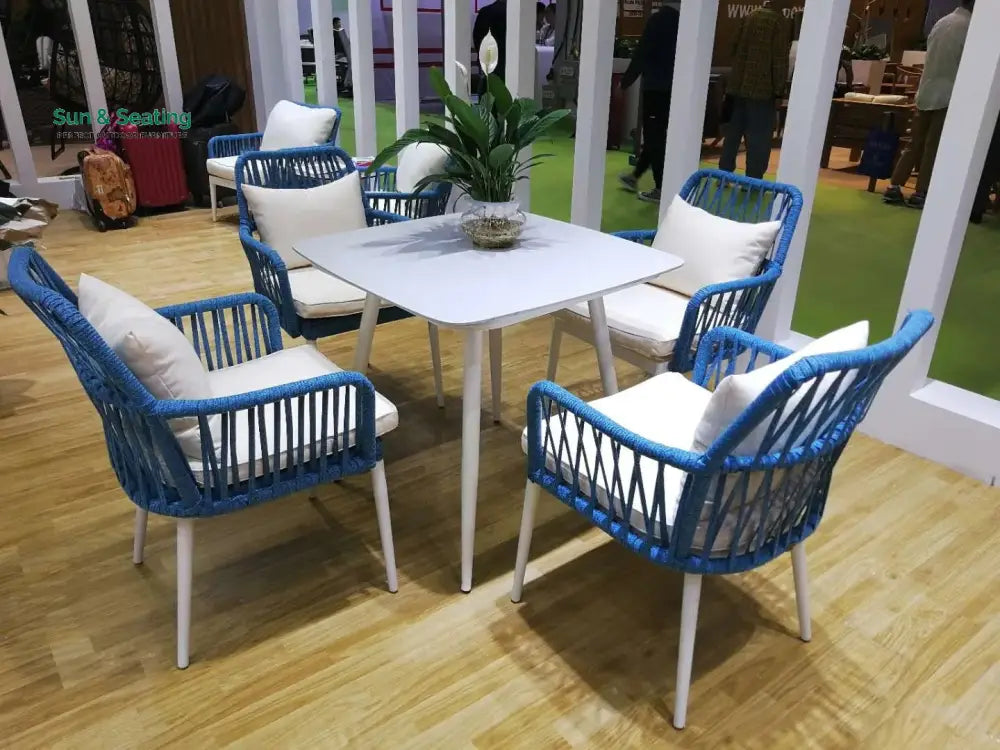 Lanexa Outdoor Patio Seating Set 4 Chairs and 1 Table Set (Blue + White) Braided &amp; Rope Coffee Table Sets