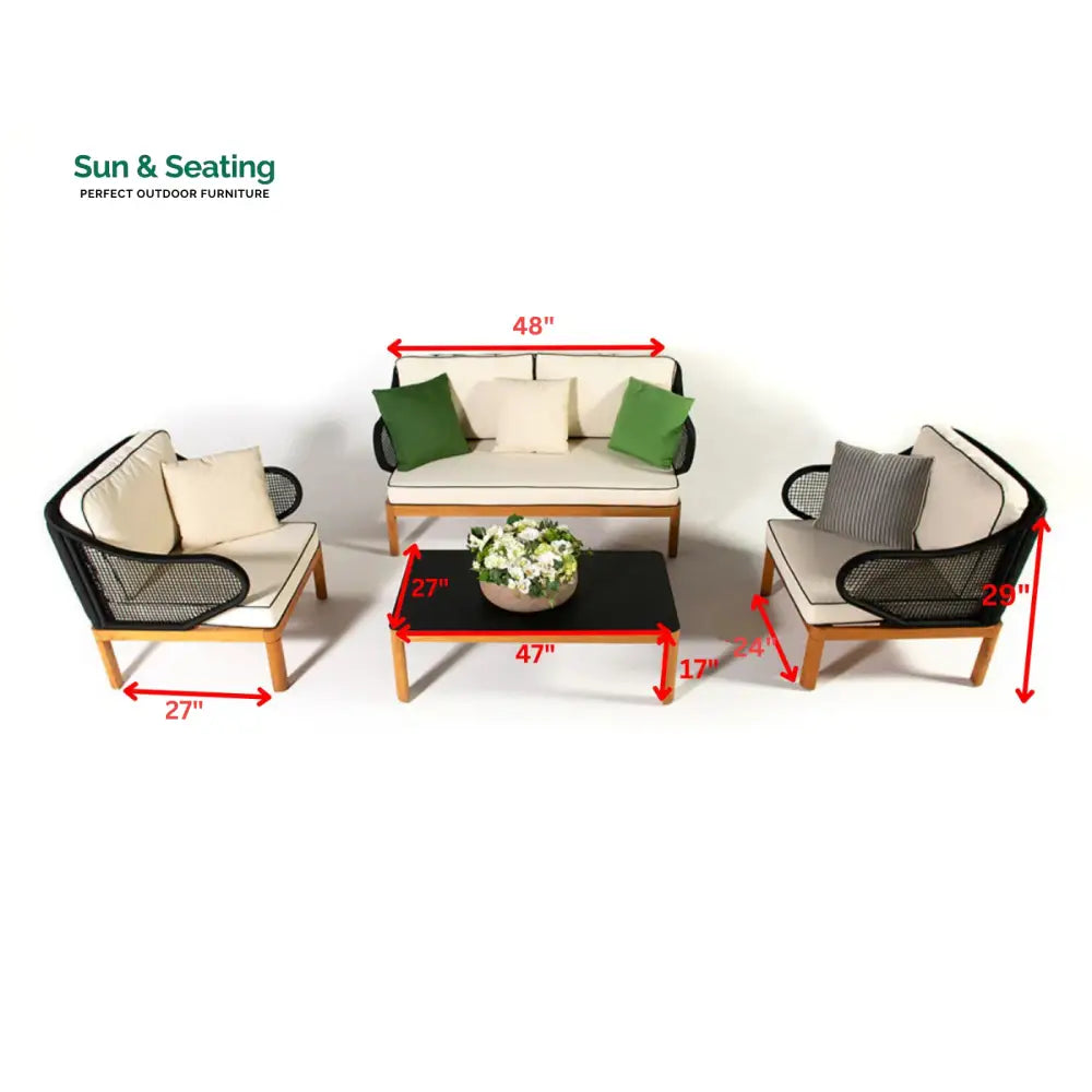 Laur Outdoor Sofa Set 2 Seater 2 Single seater and 1 Center Table (Black + Beige) Braided &amp; Rope Sofa Sets