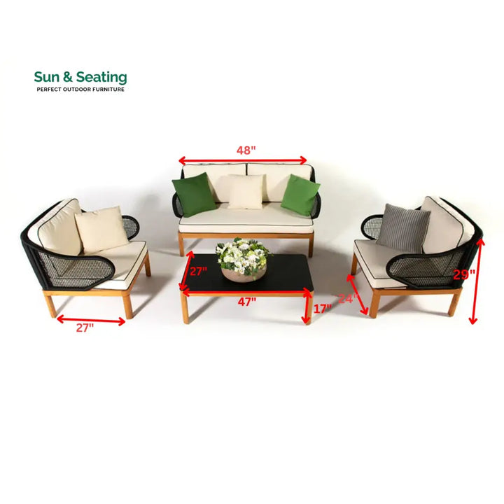 Laur Outdoor Sofa Set 2 Seater 2 Single seater and 1 Center Table (Black + Beige) Braided &amp; Rope Sofa Sets