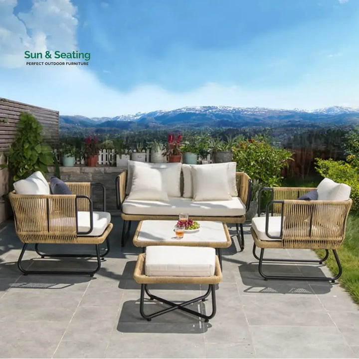 Lavika Outdoor 5pcs All-Weather Rope Sofa Set with Cushions (Beige &amp; White) Sofa Set