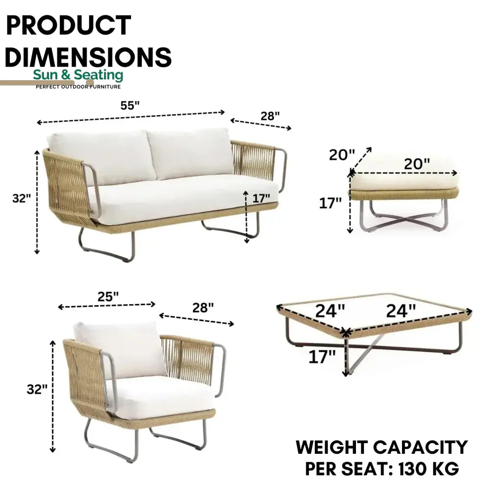 Lavika Outdoor 5pcs All-Weather Rope Sofa Set with Cushions (Beige &amp; White) Sofa Set