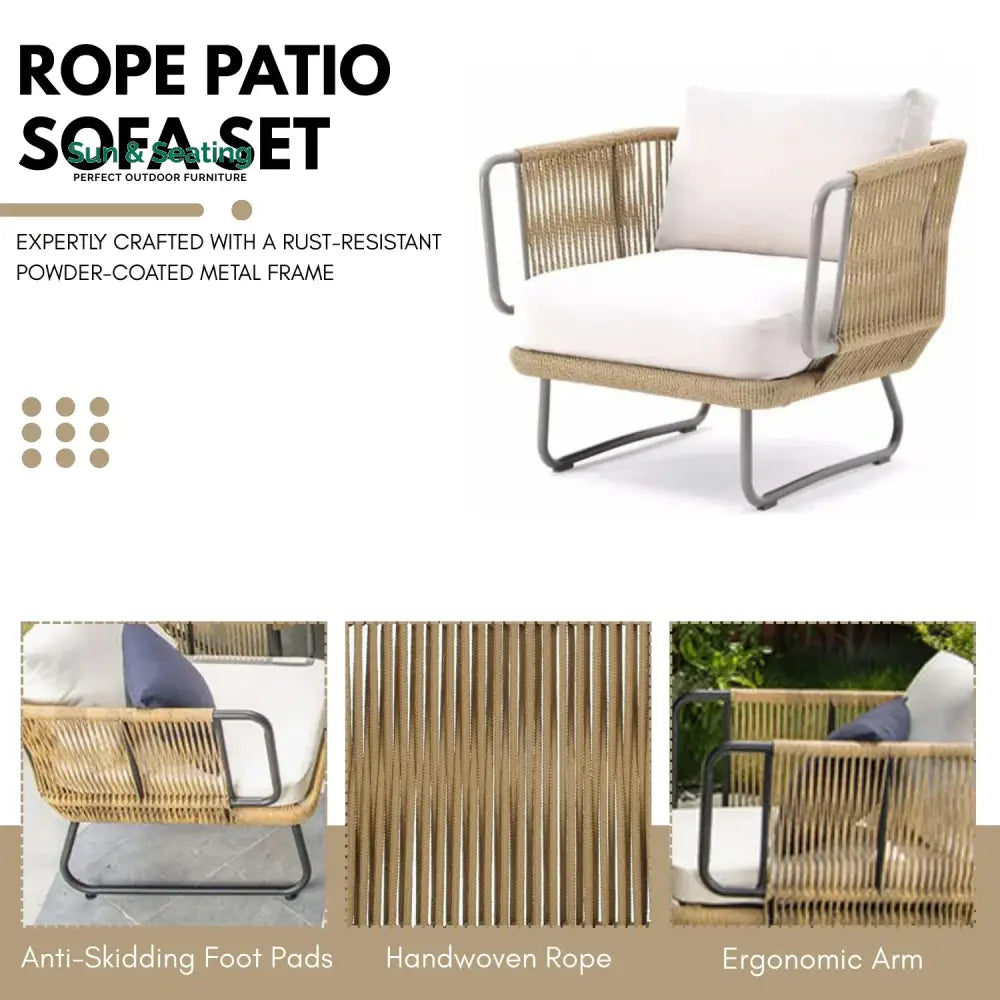 Lavika Outdoor 5pcs All-Weather Rope Sofa Set with Cushions (Beige &amp; White) Sofa Set