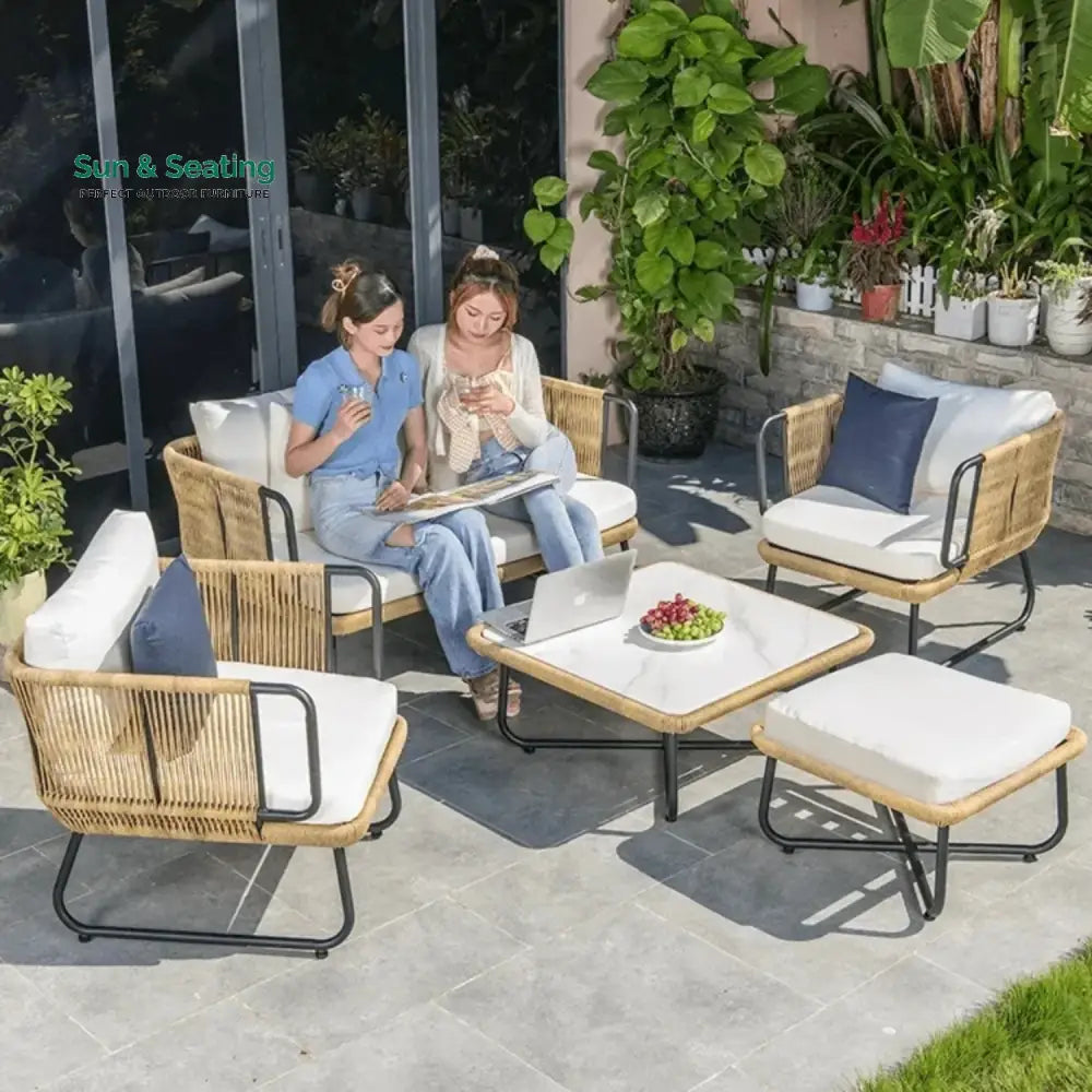 Lavika Outdoor 5pcs All-Weather Rope Sofa Set with Cushions (Beige &amp; White) Sofa Set