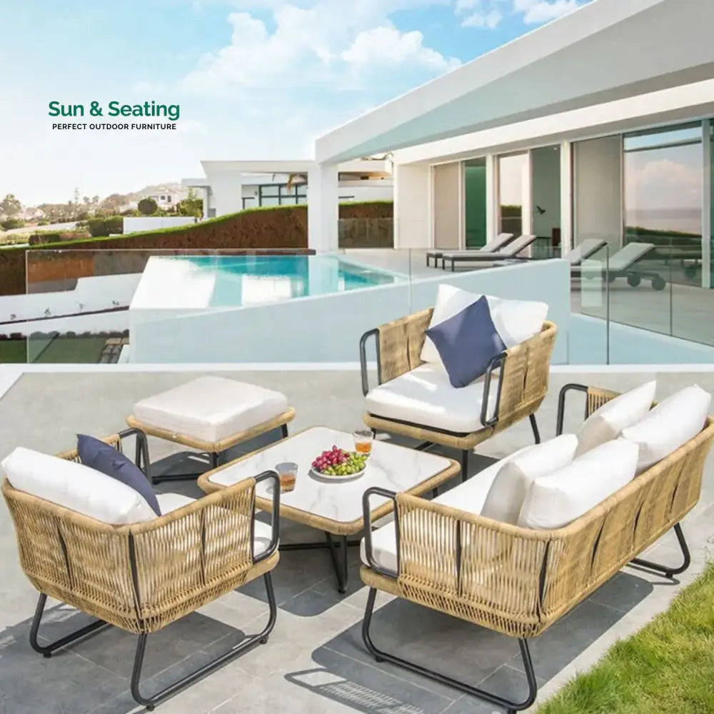 Lavika Outdoor 5pcs All-Weather Rope Sofa Set with Cushions (Beige &amp; White) Sofa Set