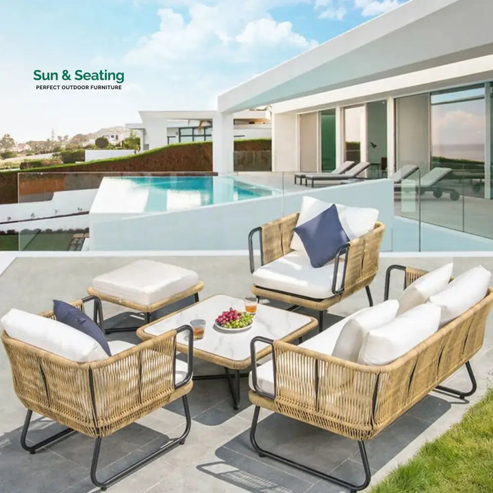 Lavika Outdoor 5pcs All-Weather Rope Sofa Set with Cushions (Beige &amp; White) Sofa Set