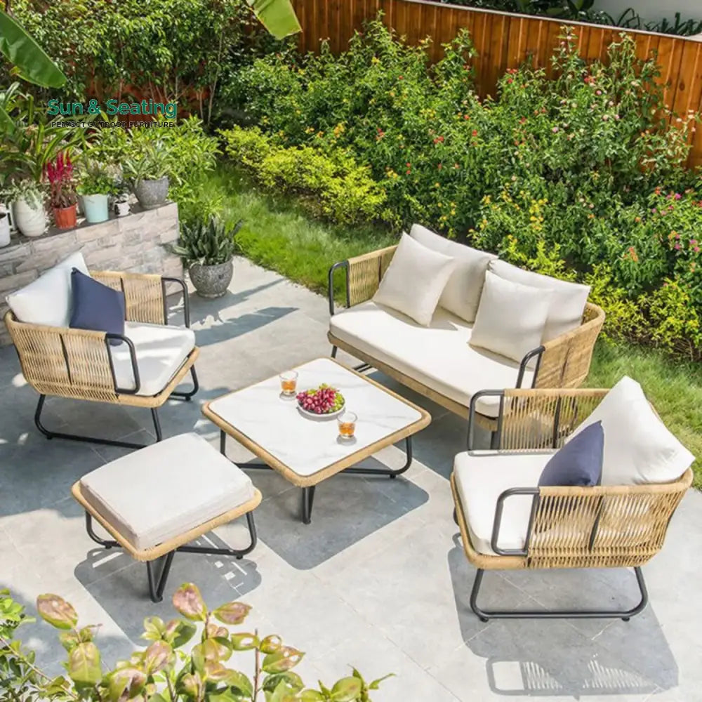 Lavika Outdoor 5pcs All-Weather Rope Sofa Set with Cushions (Beige & White) Sofa Set