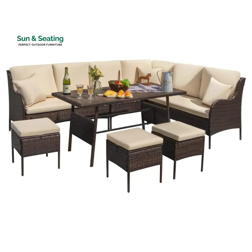 Lei 6 Piece Outdoor Patio Furniture Set (Dark Brown &amp; Cream) Sofa Set