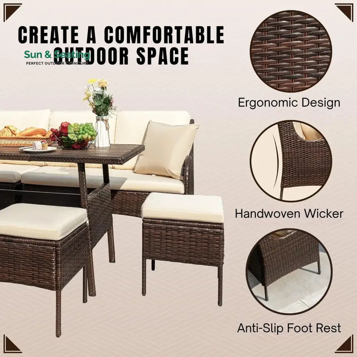 Lei 6 Piece Outdoor Patio Furniture Set (Dark Brown &amp; Cream) Sofa Set