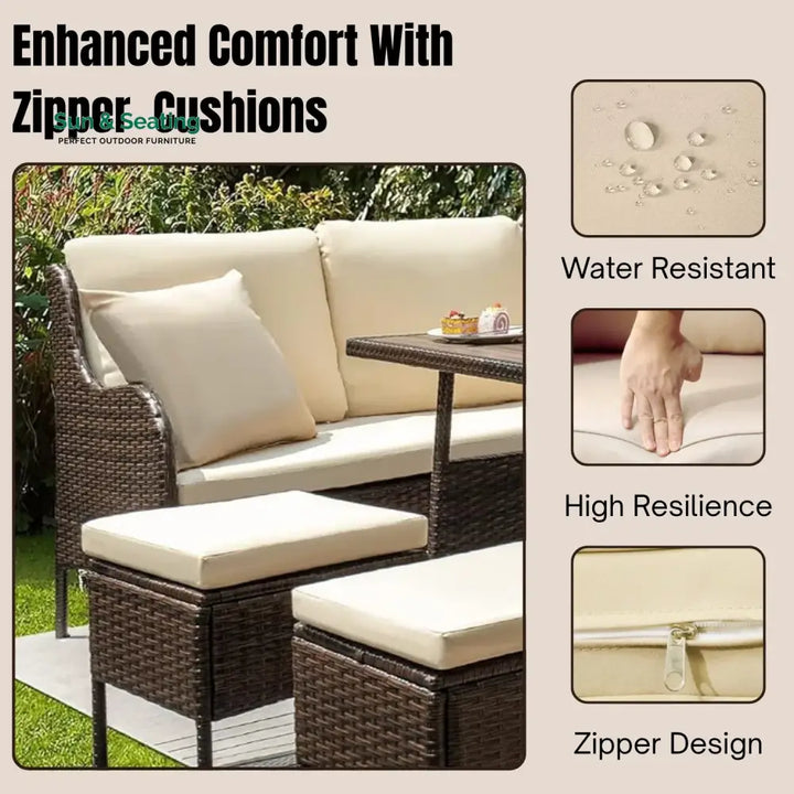 Lei 6 Piece Outdoor Patio Furniture Set (Dark Brown &amp; Cream) Sofa Set