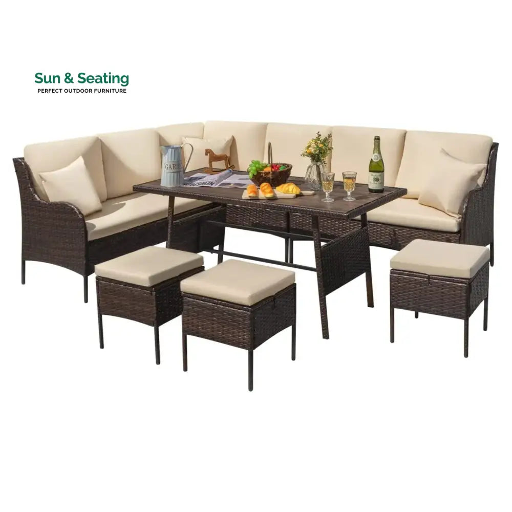 Lei 6 Piece Outdoor Patio Furniture Set (Dark Brown &amp; Cream) Sofa Set