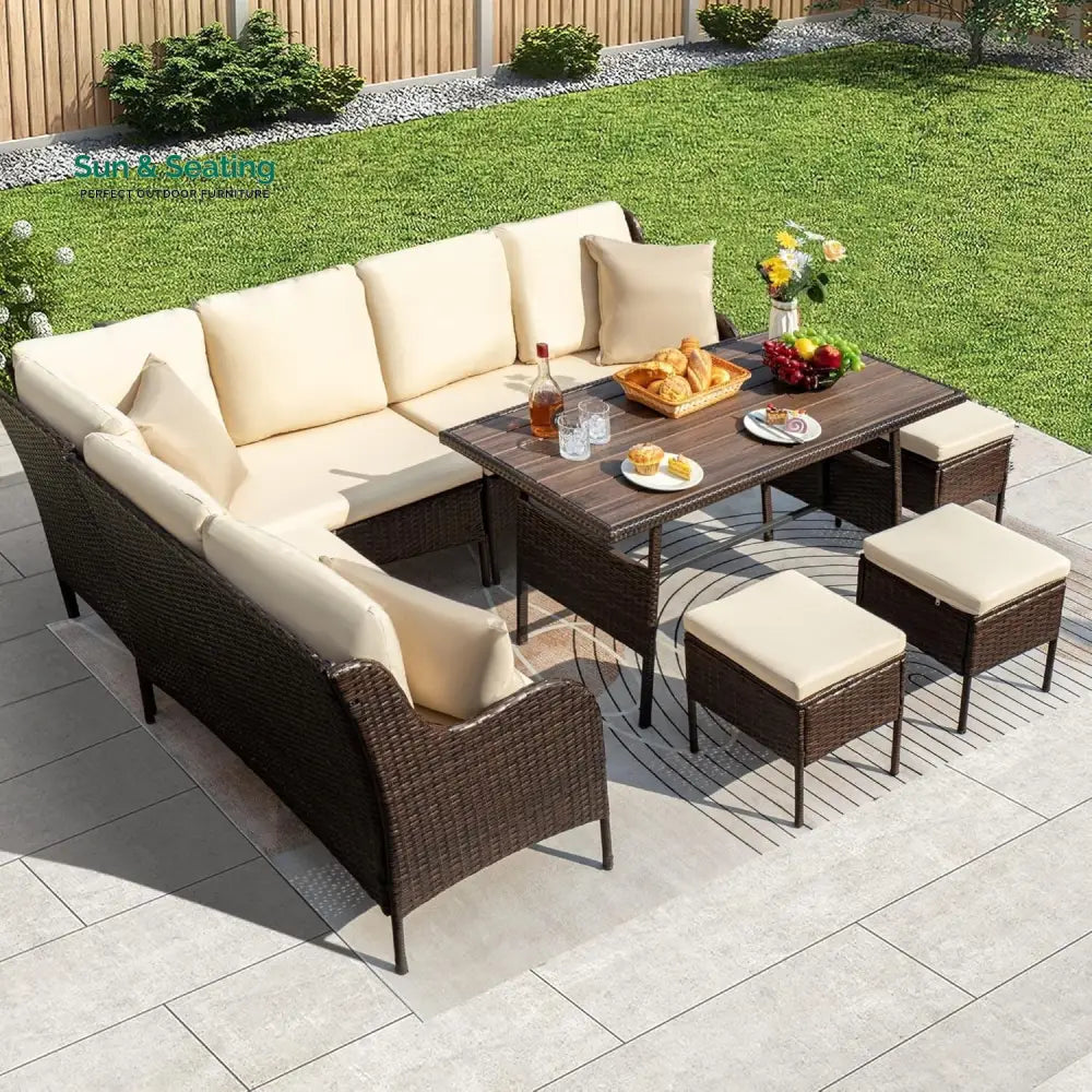 Lei 6 Piece Outdoor Patio Furniture Set (Dark Brown &amp; Cream) Sofa Set
