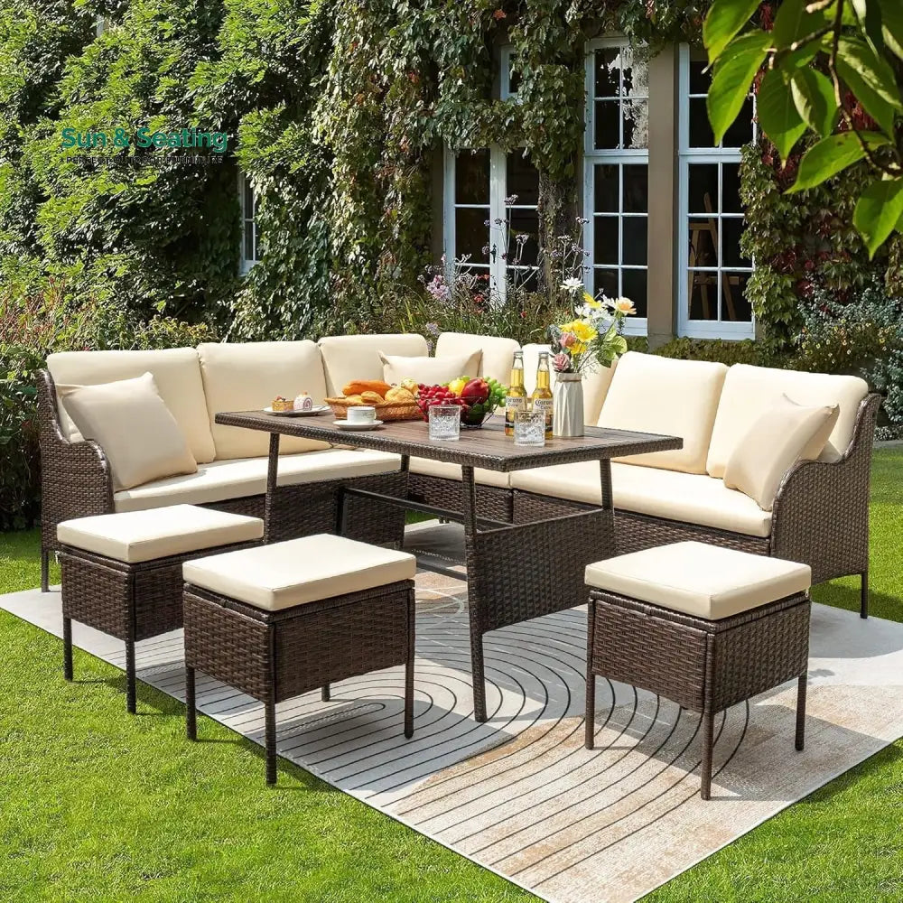Lei 6 Piece Outdoor Patio Furniture Set (Dark Brown &amp; Cream) Sofa Set