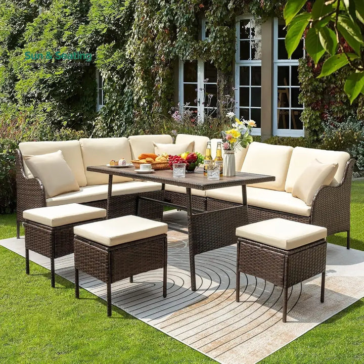Lei 6 Piece Outdoor Patio Furniture Set (Dark Brown &amp; Cream) Sofa Set