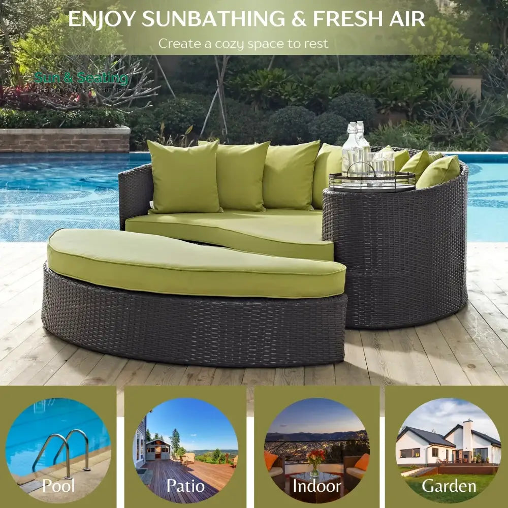 Leonie Outdoor Rattan Wicker Daybed (Dark Brown &amp; Green) Daybed