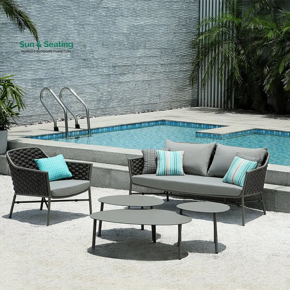 Lettiere Outdoor Garden Balcony Sofa Set 2 Seater 2 Single Seater and 3 Tables Set (Grey) Sofa Sets