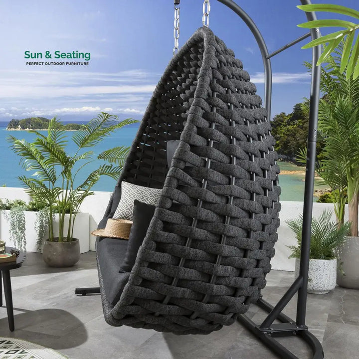 Lleu Three Seater Hanging Swing With Stand For Balcony Garden Swing (Grey) Braid &amp; Rope Swings