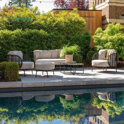 Locator Outdoor Sofa Set 2 Seater 2 Single seater with ottoman and 1 Center Table Set (Dark Grey) Braided & Rope Sofa