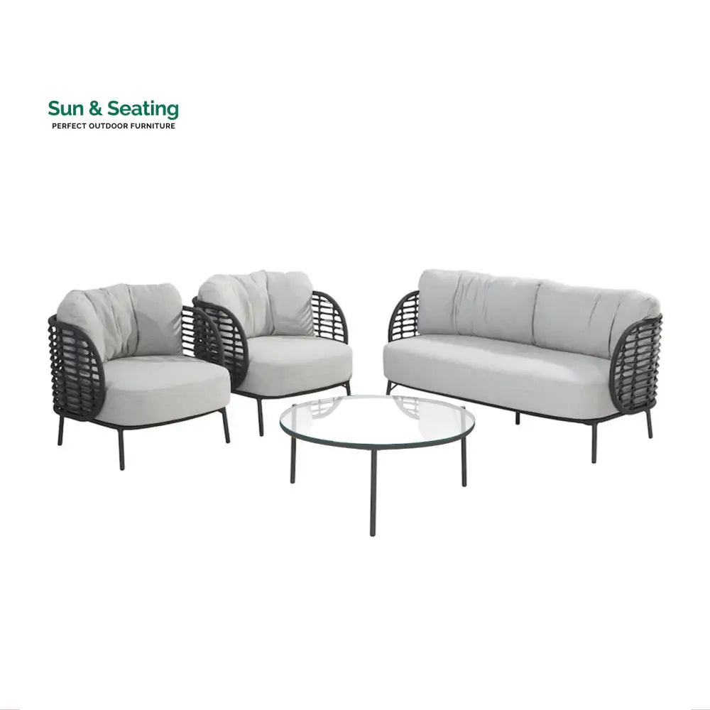 Locator Outdoor Sofa Set 2 Seater 2 Single seater with ottoman and 1 Center Table Set (Dark Grey) Braided & Rope Sofa