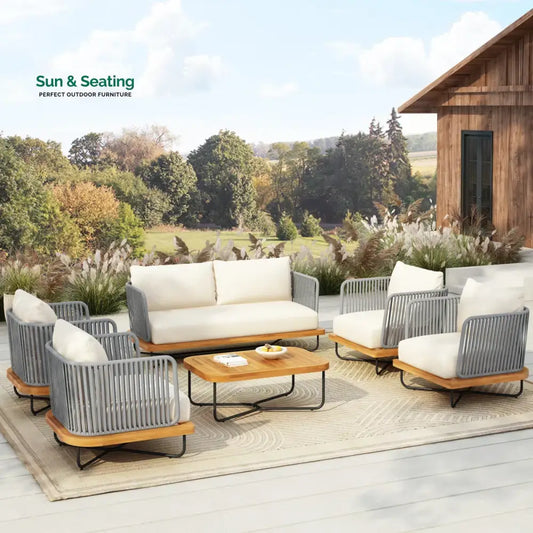 Logema Outdoor Garden Balcony Sofa Set 2 Seater,4 Single Seater With 1 Table Set Braid & Rope (Grey + Beige) Sofa Sets