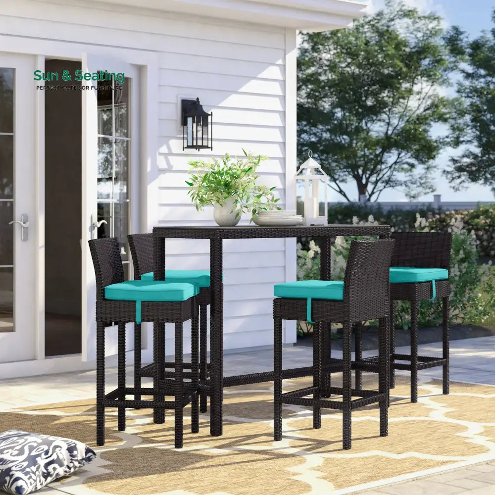 Lomeo Outdoor Patio Bar Sets 4 Chairs and 1 Table (Dark Brown) Blue Bar Sets