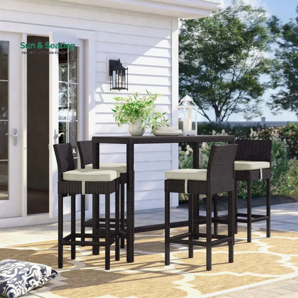 Lomeo Outdoor Patio Bar Sets 4 Chairs and 1 Table (Dark Brown) Cream Bar Sets