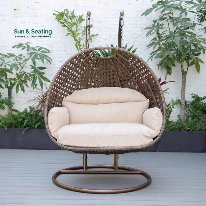 Longo Double Seater Hanging Swing With Stand For Balcony Garden Swing (Brown) Beige Swings